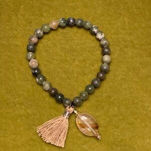 Green Jade Beaded Bracelet with Tassel and Watermelon Tourmaline Accent